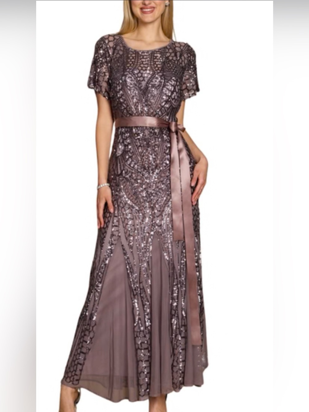 R&M Richards Mocha Embellished Maxi Dress with Satin Sash